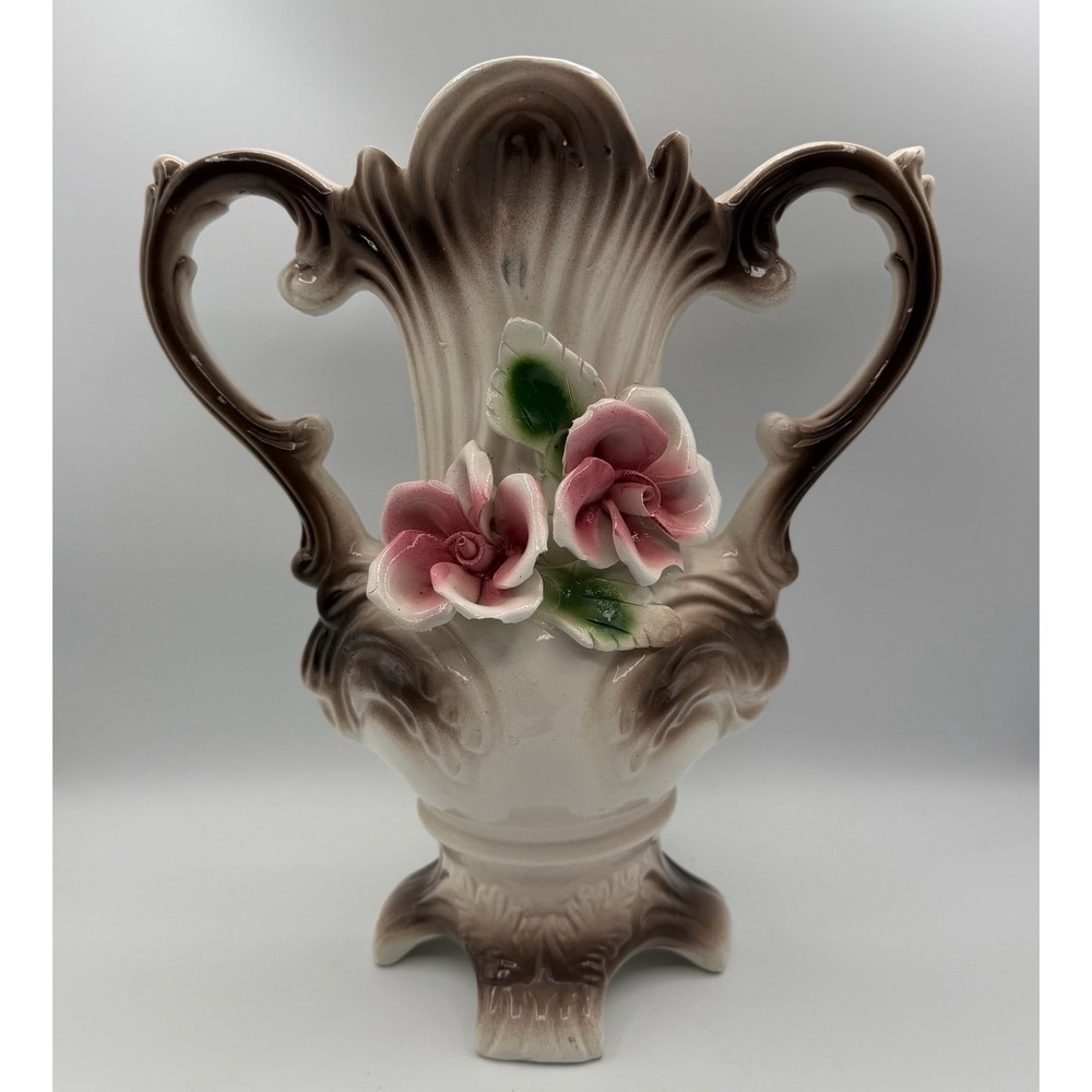 Vintage Capodimonte Porcelain Vase Italy Floral‎ Applied Roses Double Handle 13"